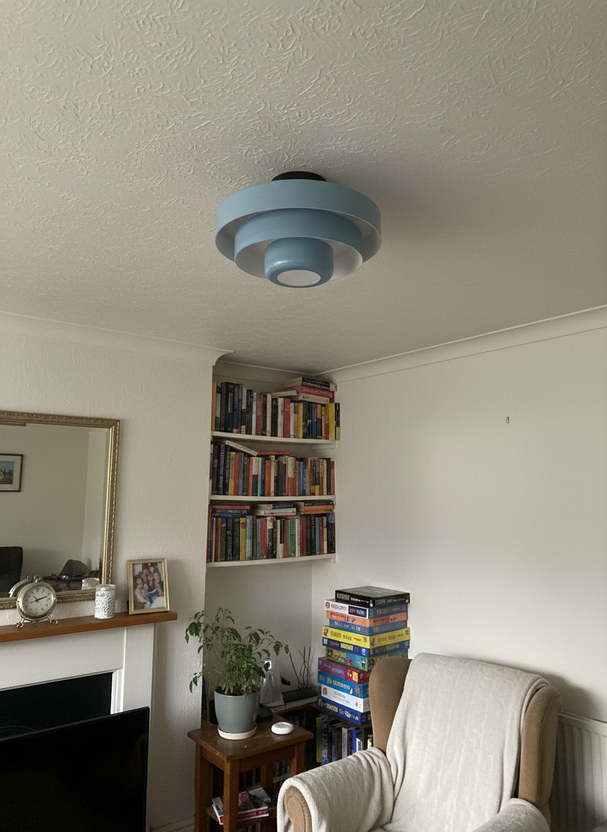 Customer room with a blue Veleora Bauhaus ceiling lamp