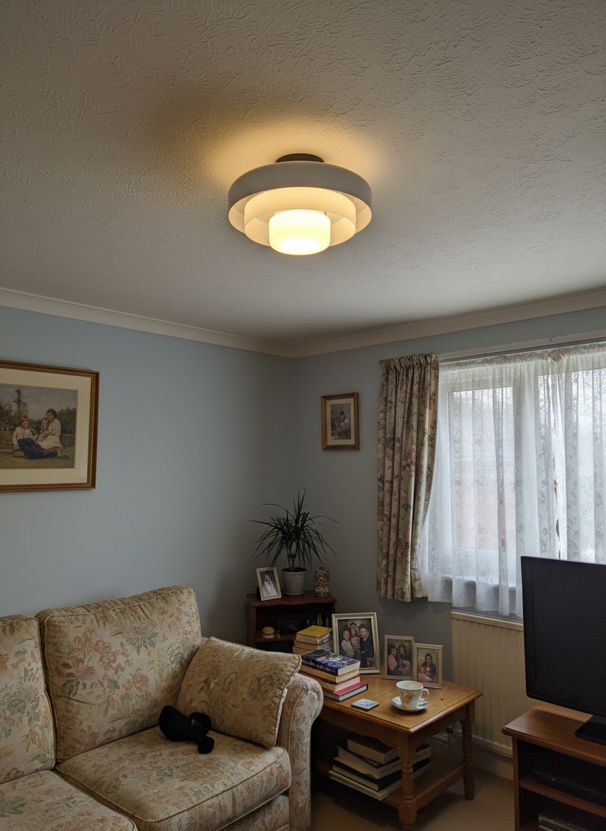 Customer room display with the Veleora Bauhaus lamp glowing