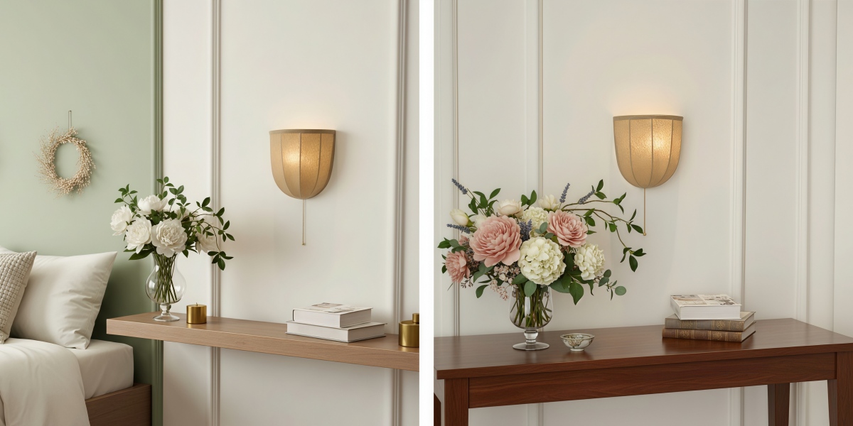 Fablune linen wall sconce styled in two room settings