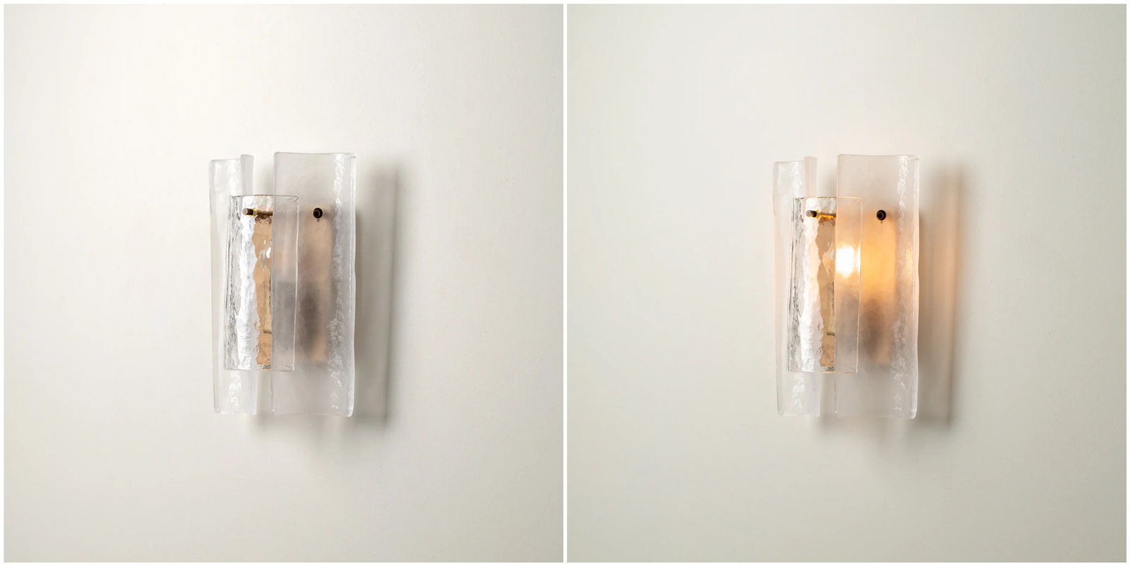 Comparison image showing the Velora wall lamp switched off and on