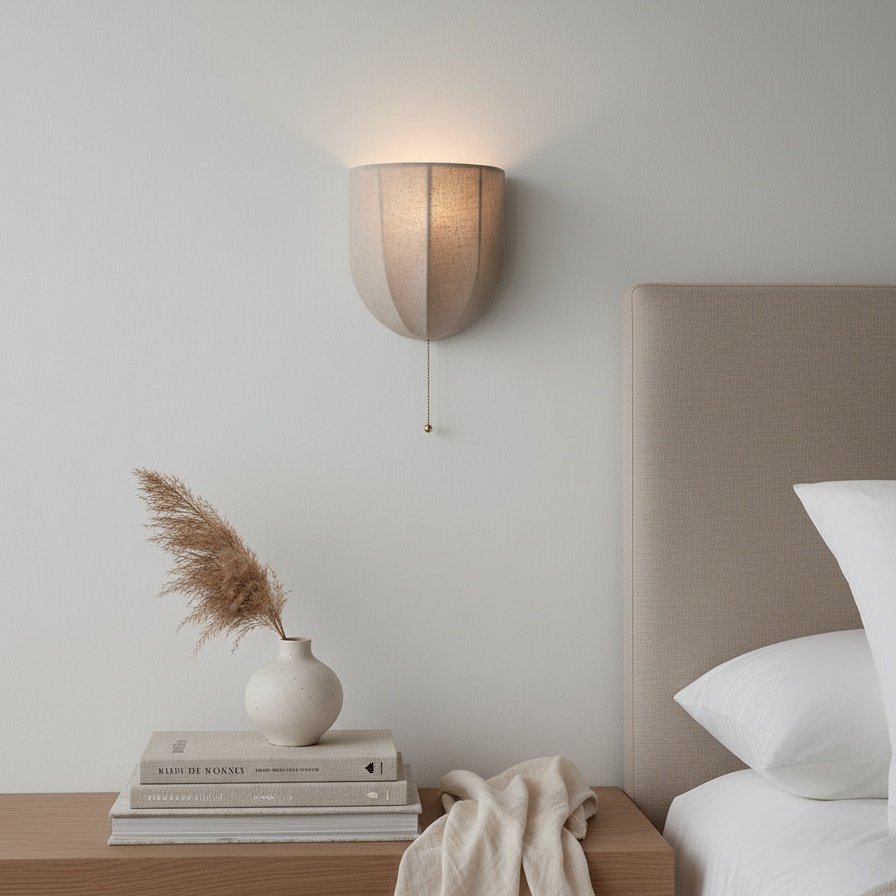 Fablune linen wall sconce above a bedside table