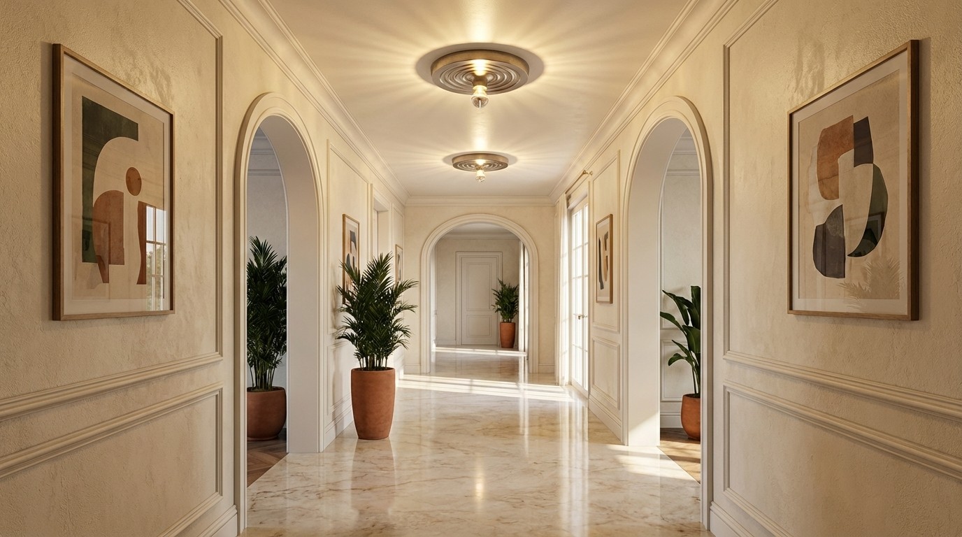 Multiple Zentvoxa ceiling lights illuminating a hallway
