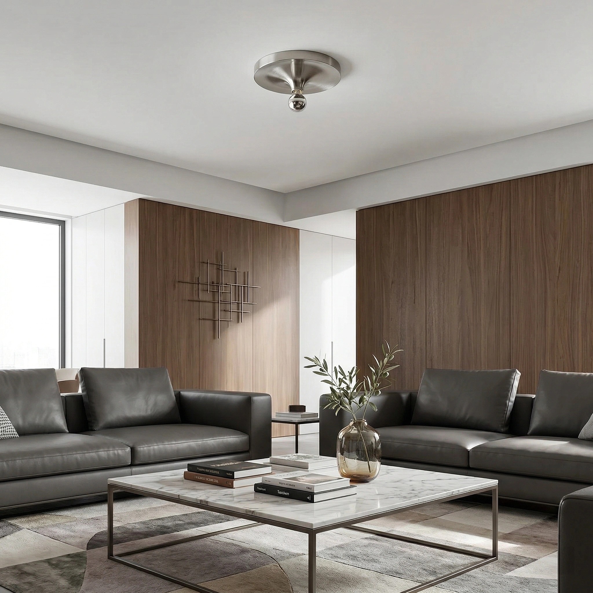 Chrome Zentvoxa disk light mounted on a modern ceiling