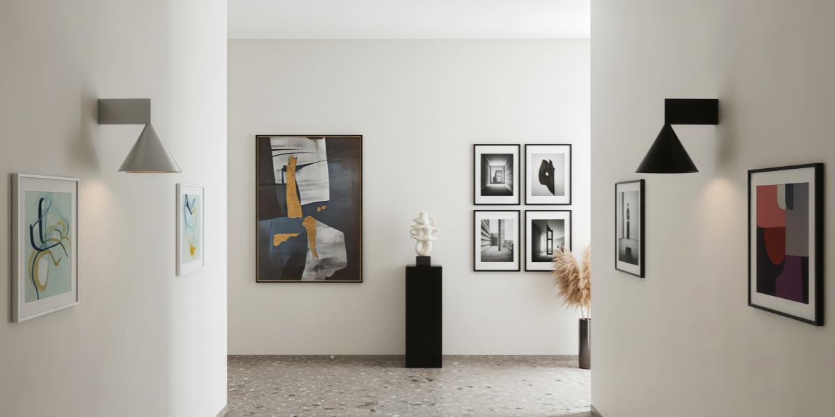 Metorq wall lamp set in a gallery hallway