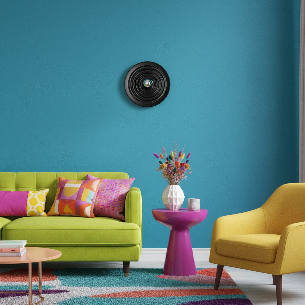 Black Zentvoxa disk light in a colourful seating room