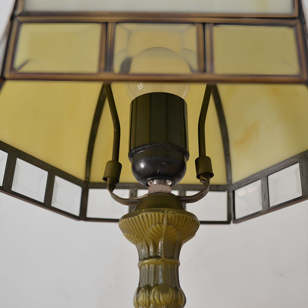 Close-up detail of the stained glass shade and lamp holder