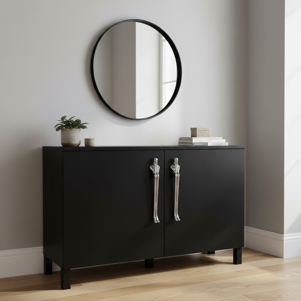 Silver Verlitho handles on a black sideboard