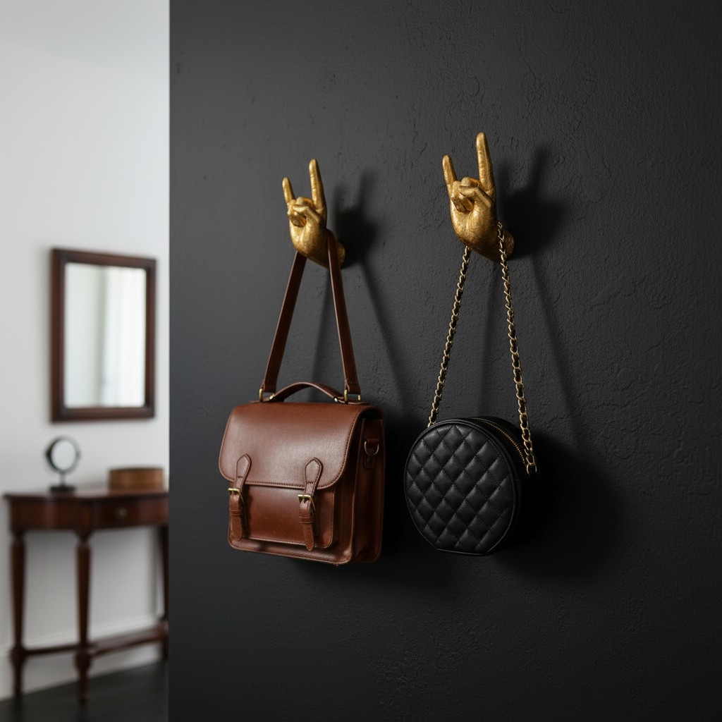 Gold hand wall hooks holding handbags