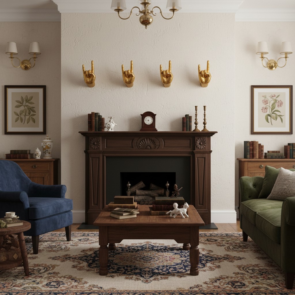 Gold rock hand wall hooks displayed above a living room mantel