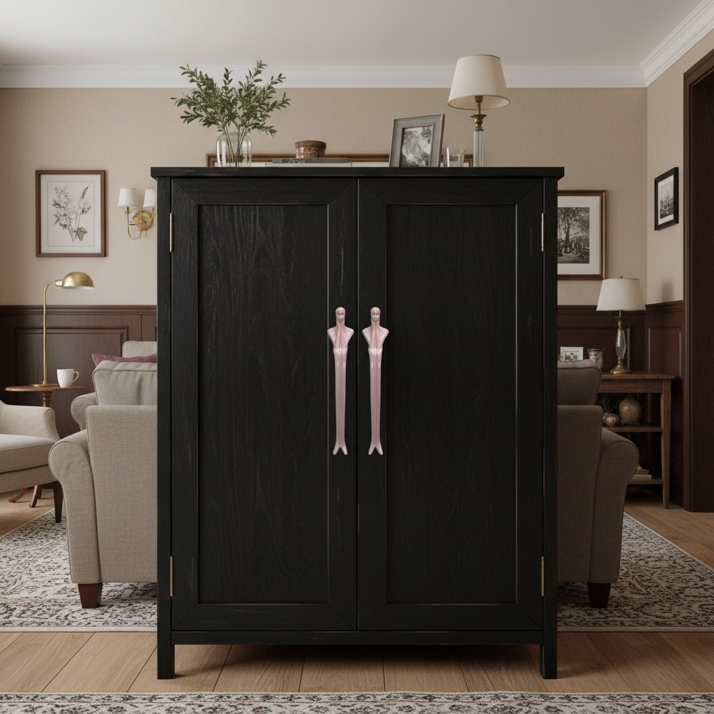 Pink Verlitho handles on a tall black cabinet