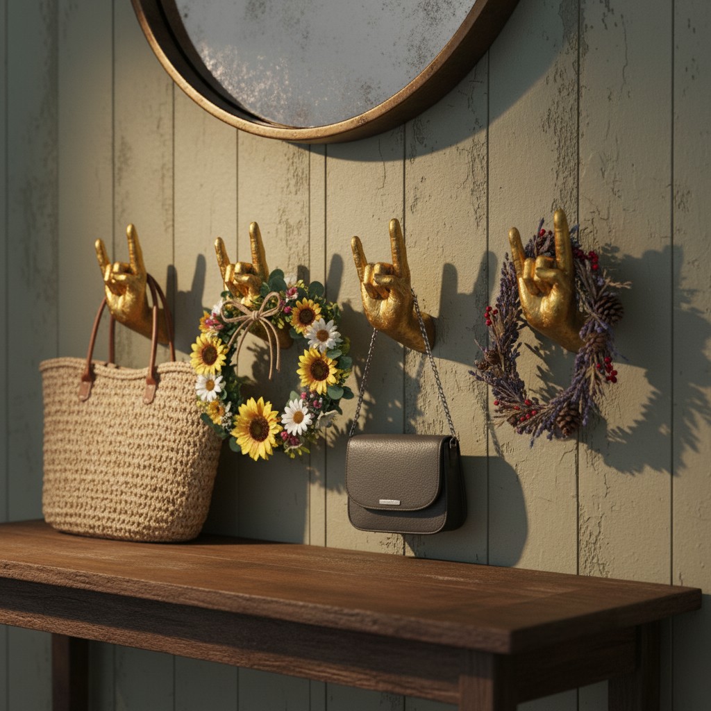 Gold rock hand wall hooks styled by an entryway shelf