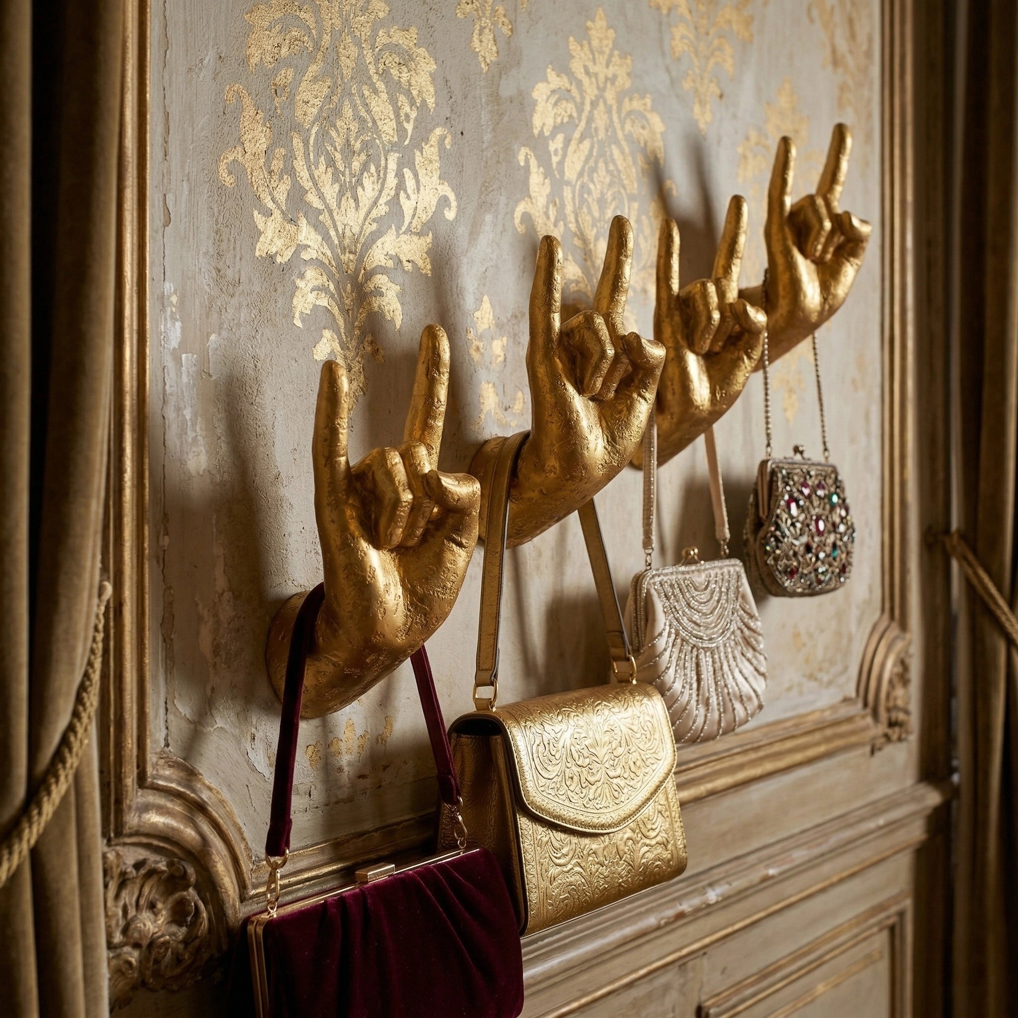 Multiple gold hand wall hooks on a decorative wall