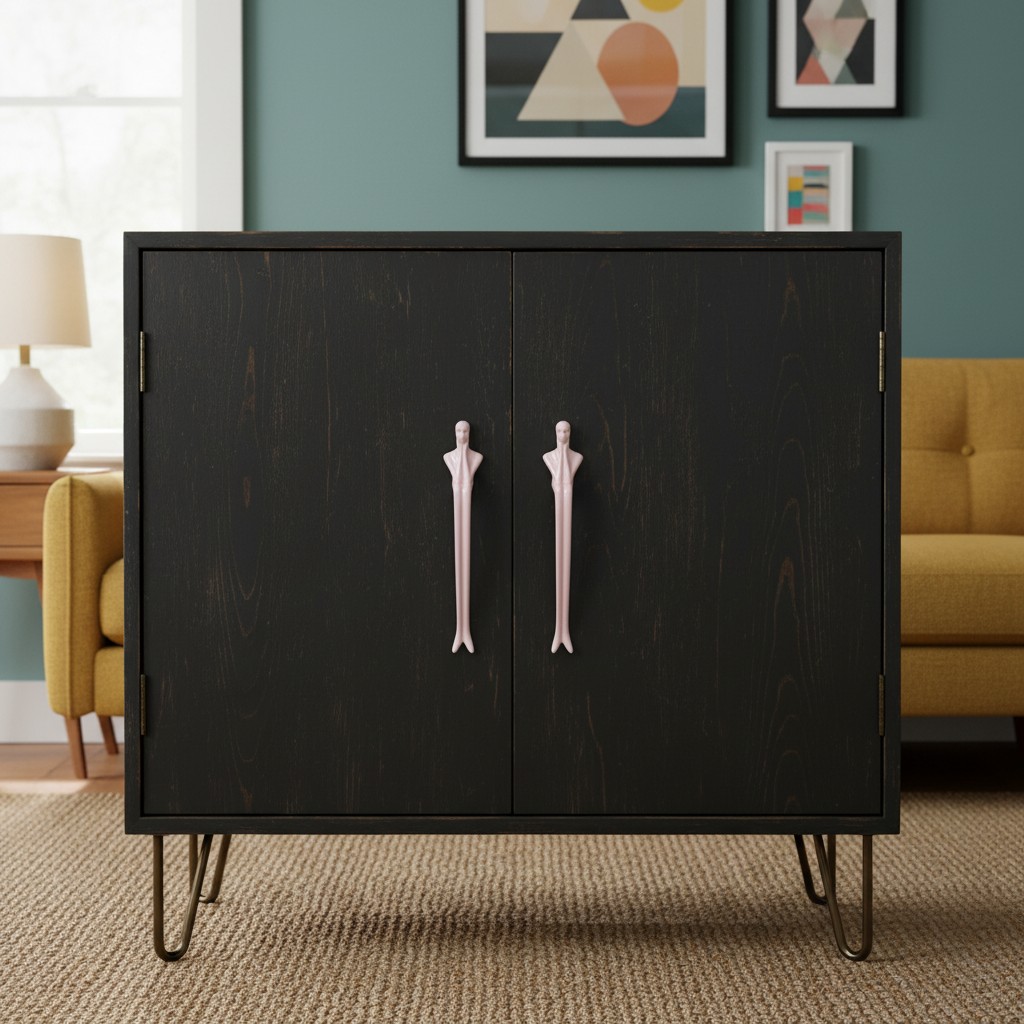 Pink Verlitho handles on a black cabinet