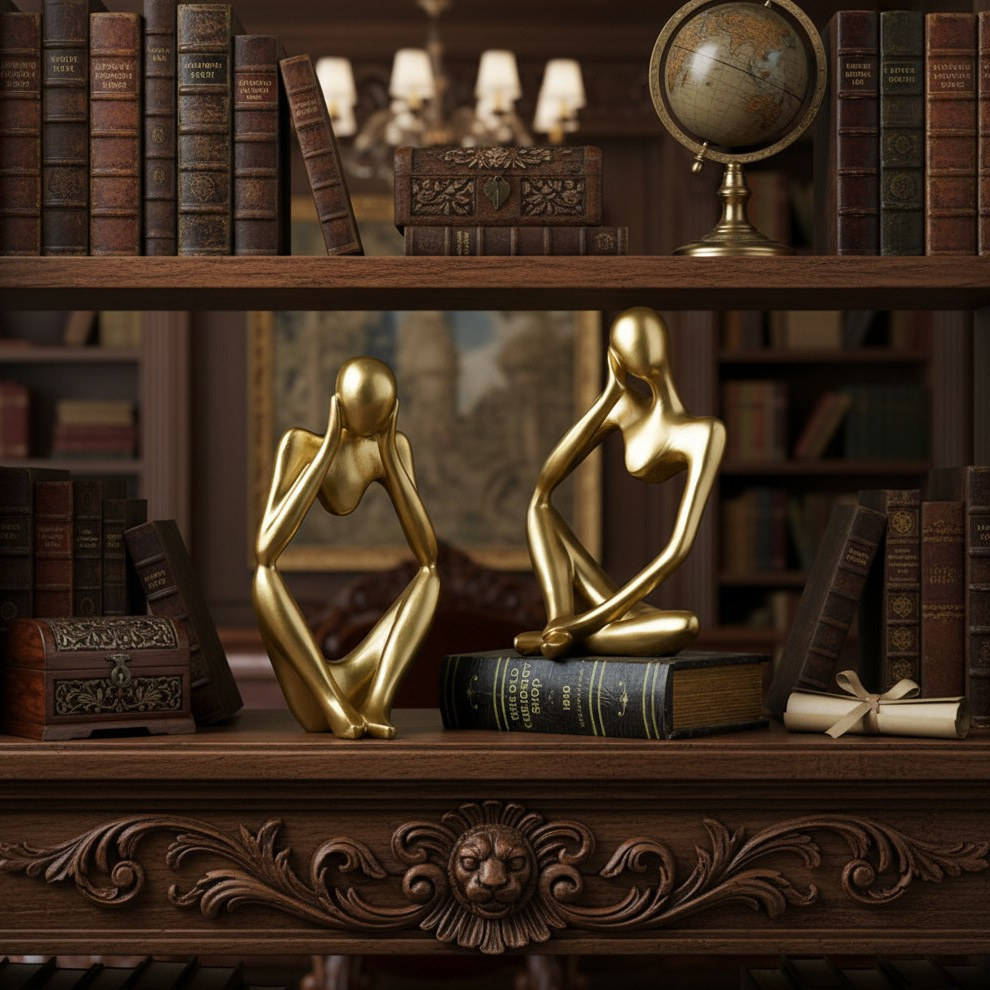Gold Floxo figurines on a traditional bookshelf