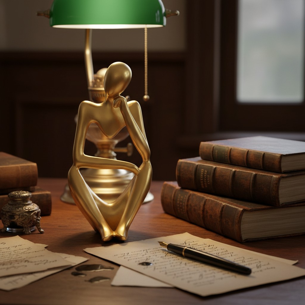 Floxo figurine styled with books and desk decor