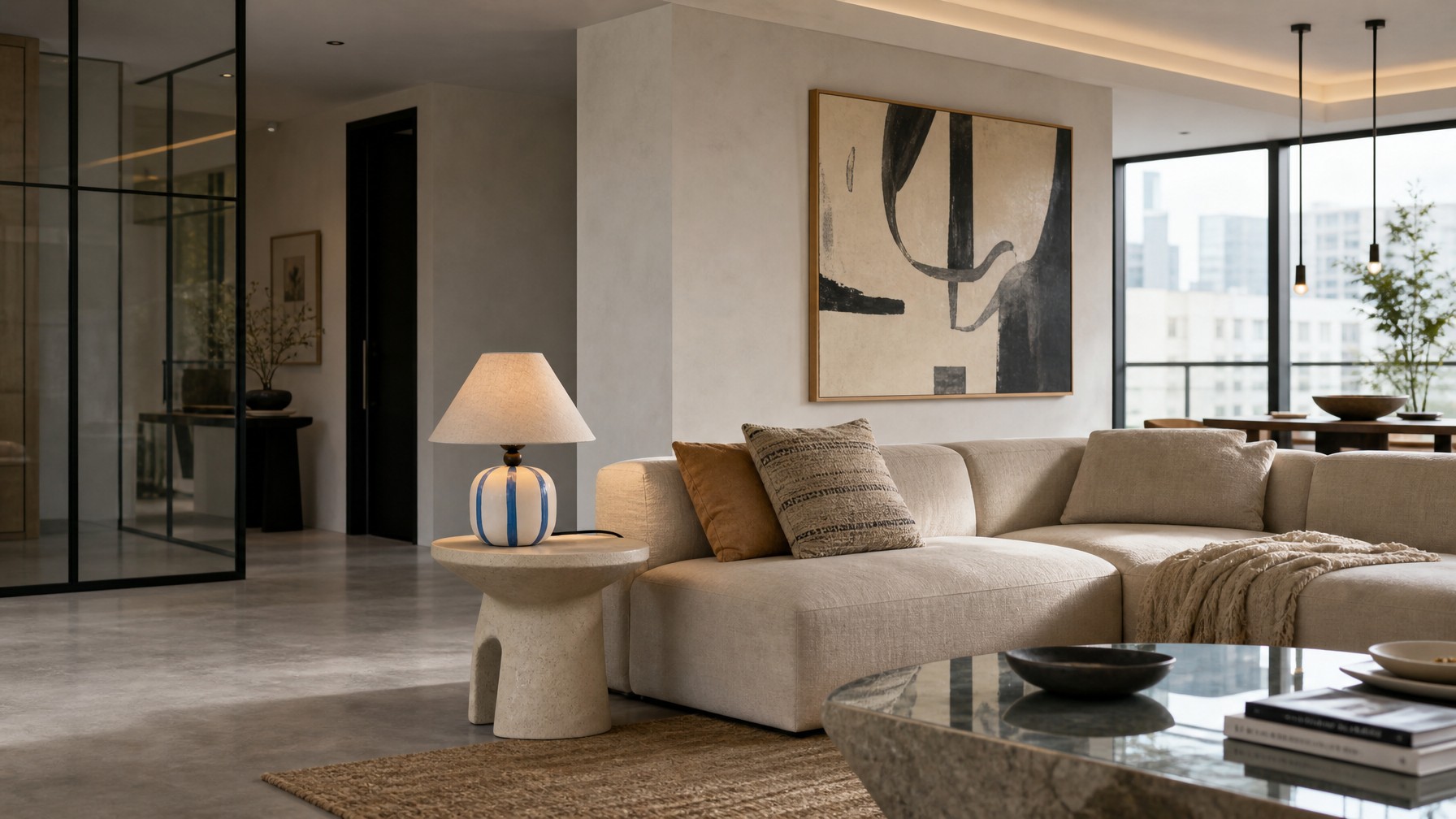 Ceruna ceramic table lamp styled beside a sofa in a modern lounge