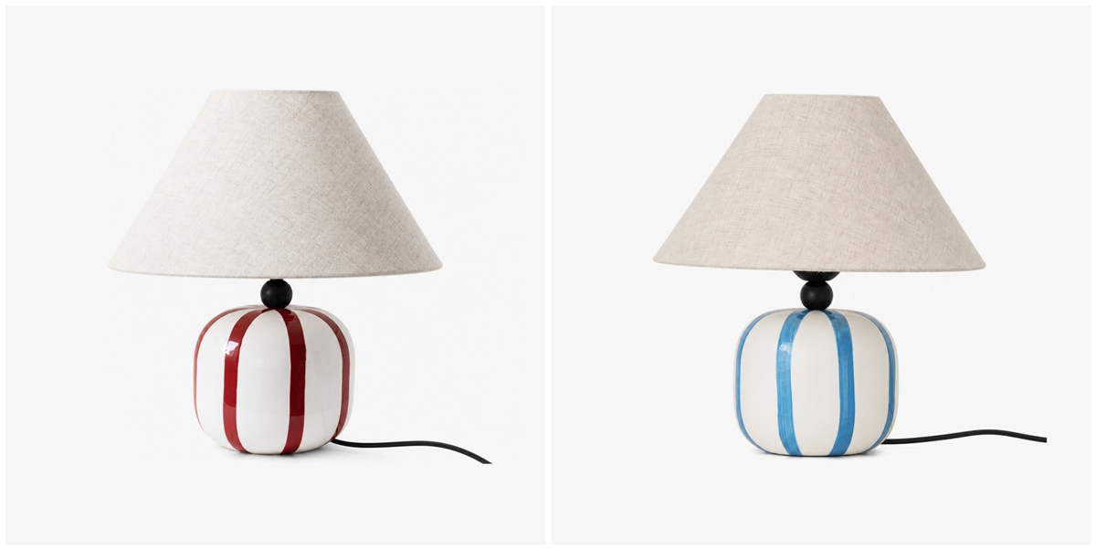 Red and white and blue and white Ceruna table lamp options