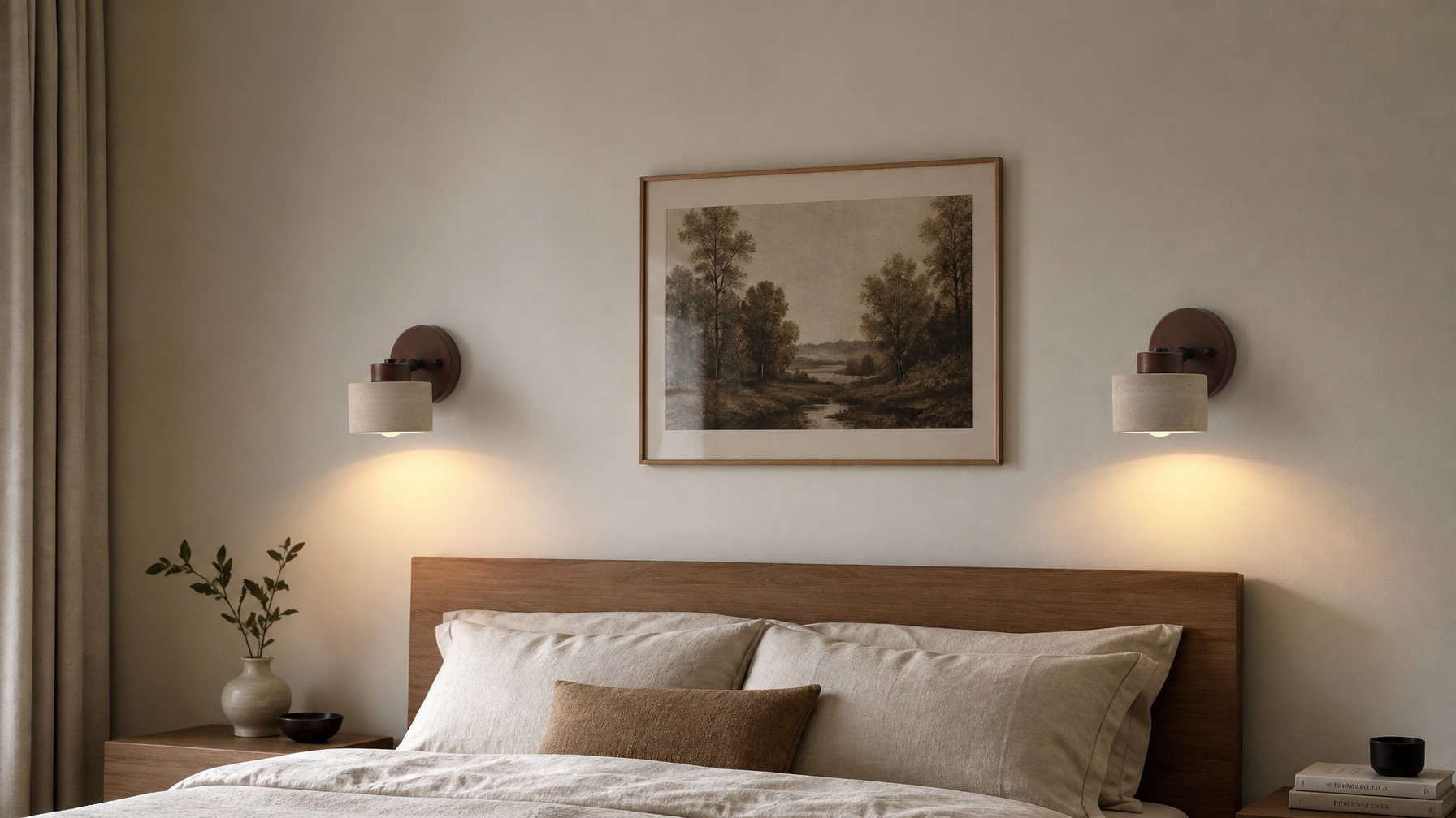 Travira minimalist wall lamp used as soft bedside ambient lighting