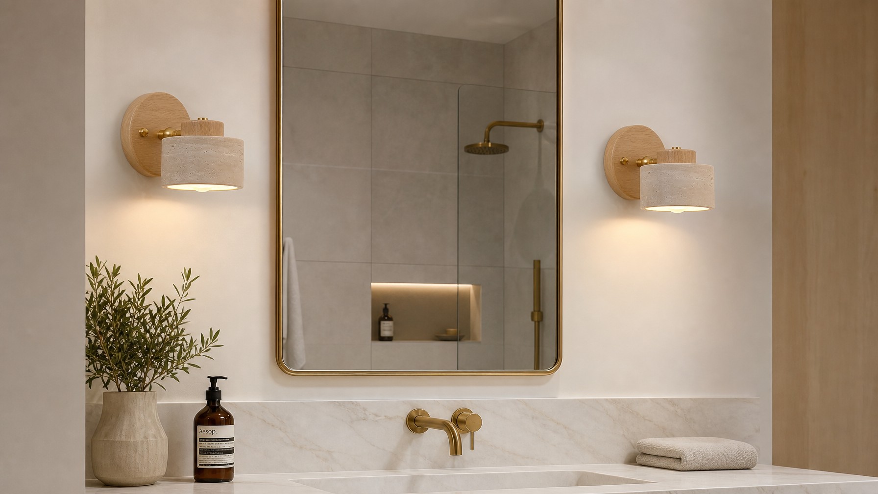 Travira wall lamps installed as a pair in a bathroom scene
