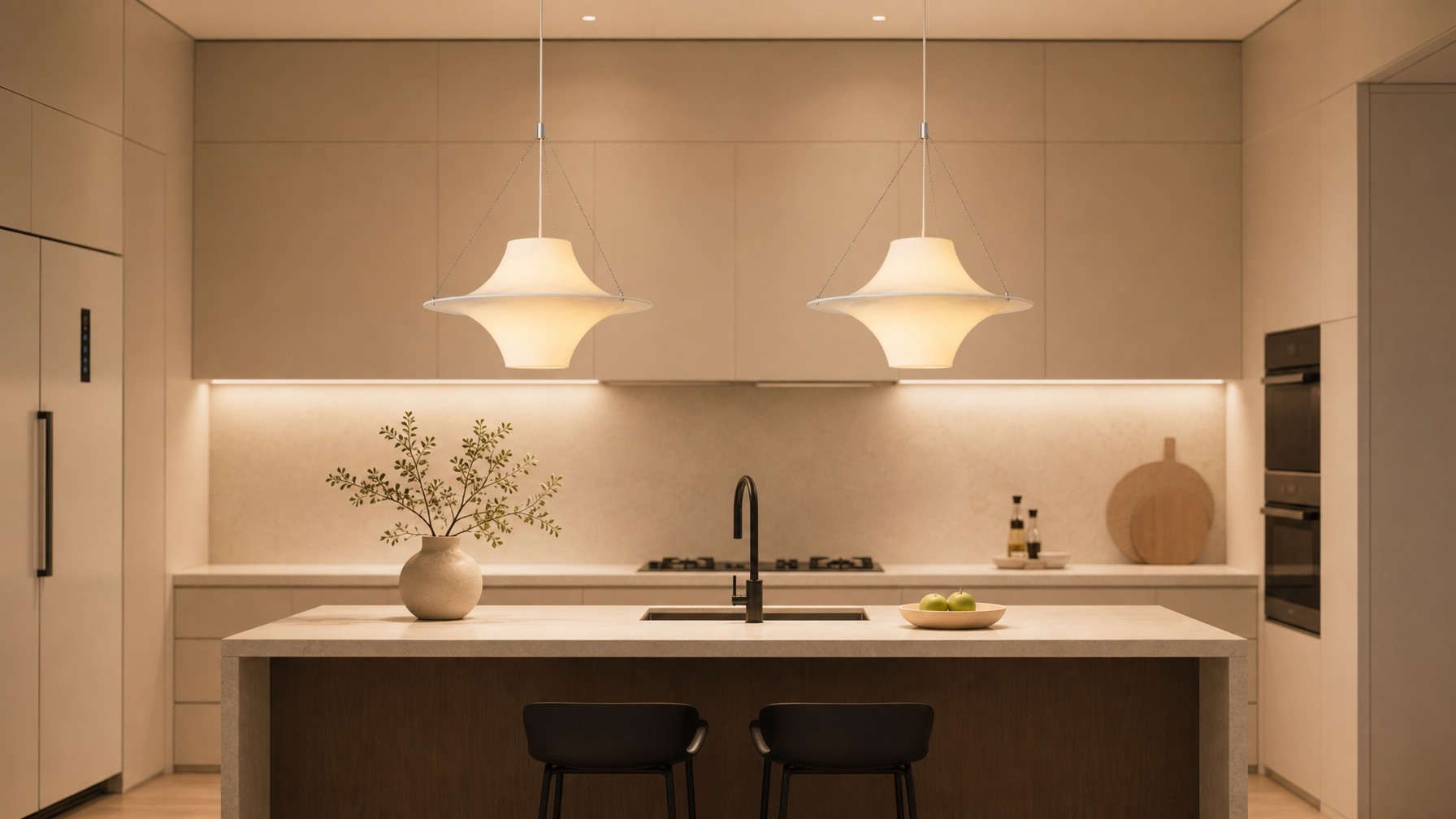 Saebery pendant lamps over a kitchen island