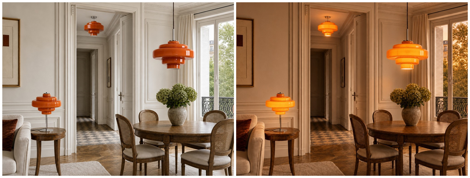 Koloro light by day and by night in a warm home setting