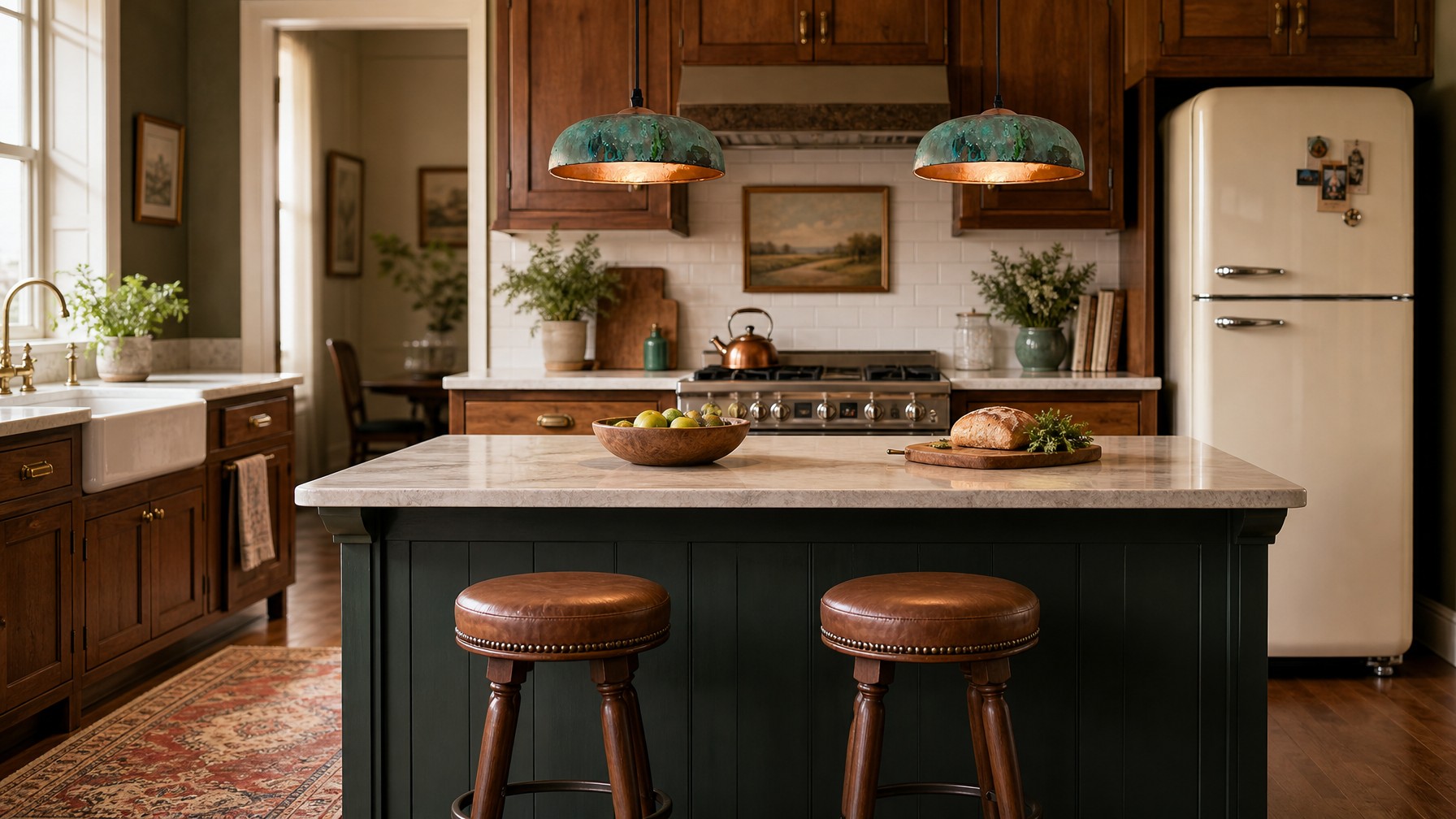 Aerugix hammered copper dome pendant lights in a kitchen