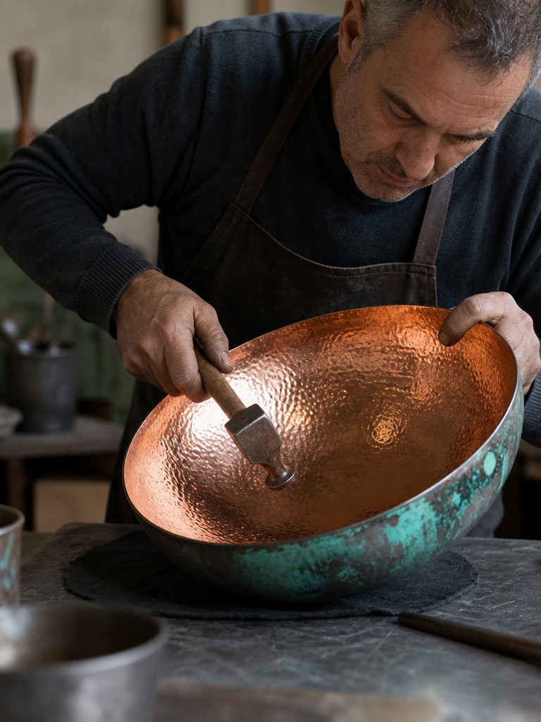 Hammered texture finish being applied to copper dome