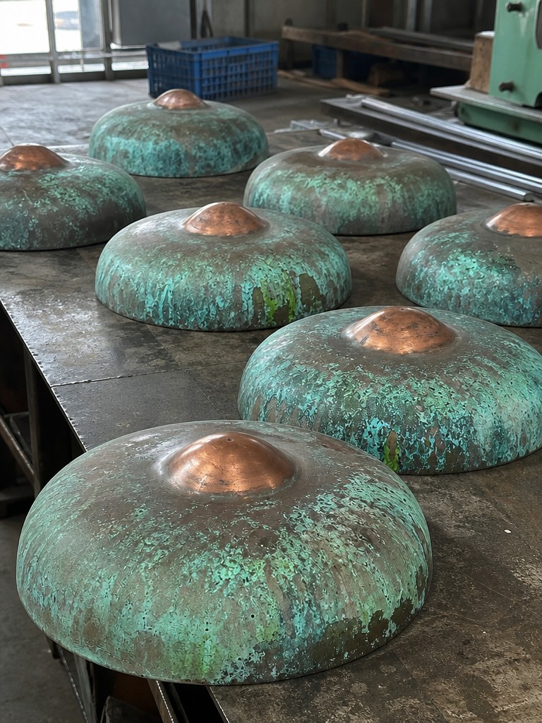 Oxidized copper lamp domes with green patina