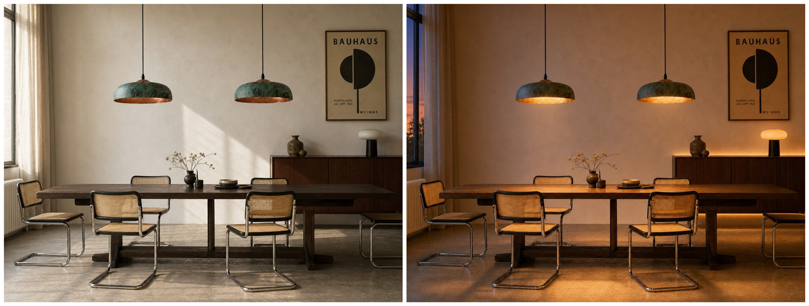 Aerugix pendant light shown in day and night room lighting