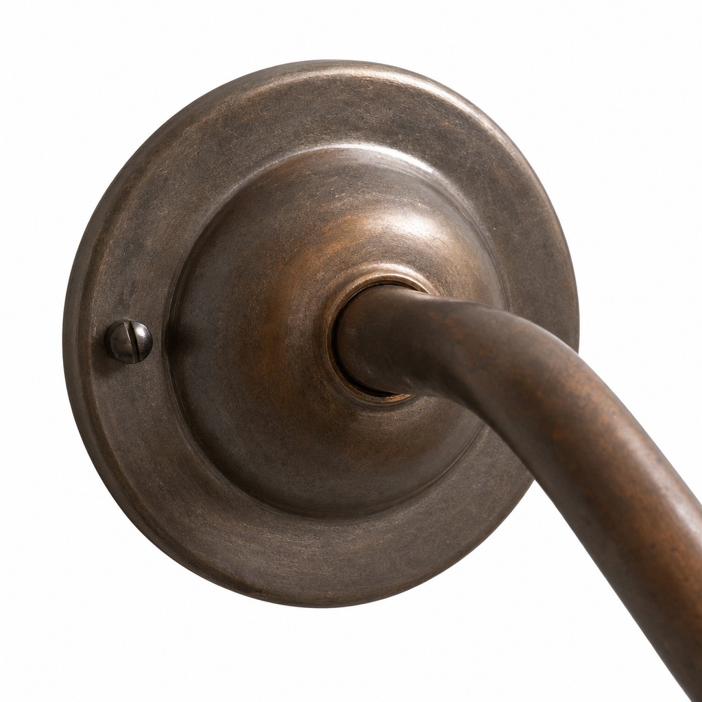 Close-up of the antique metal wall plate and curved arm