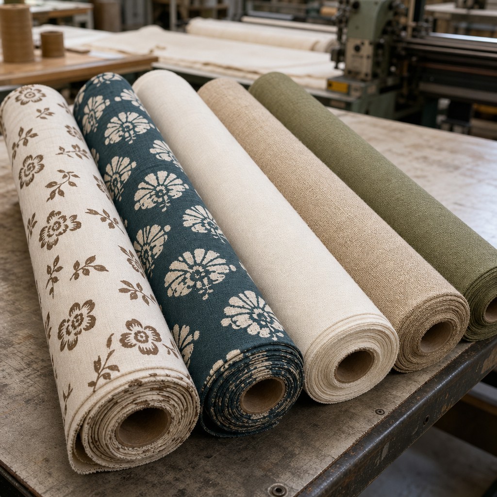 Fabric rolls showing solid and floral print shade options