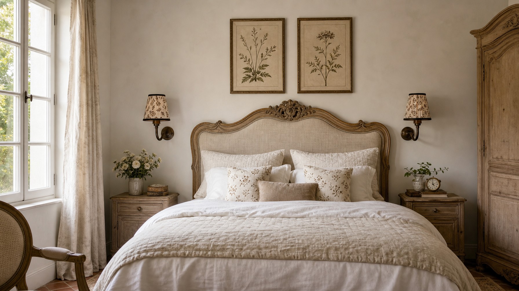 Cottaloy vintage fabric curved arm wall lamp styled beside a bed