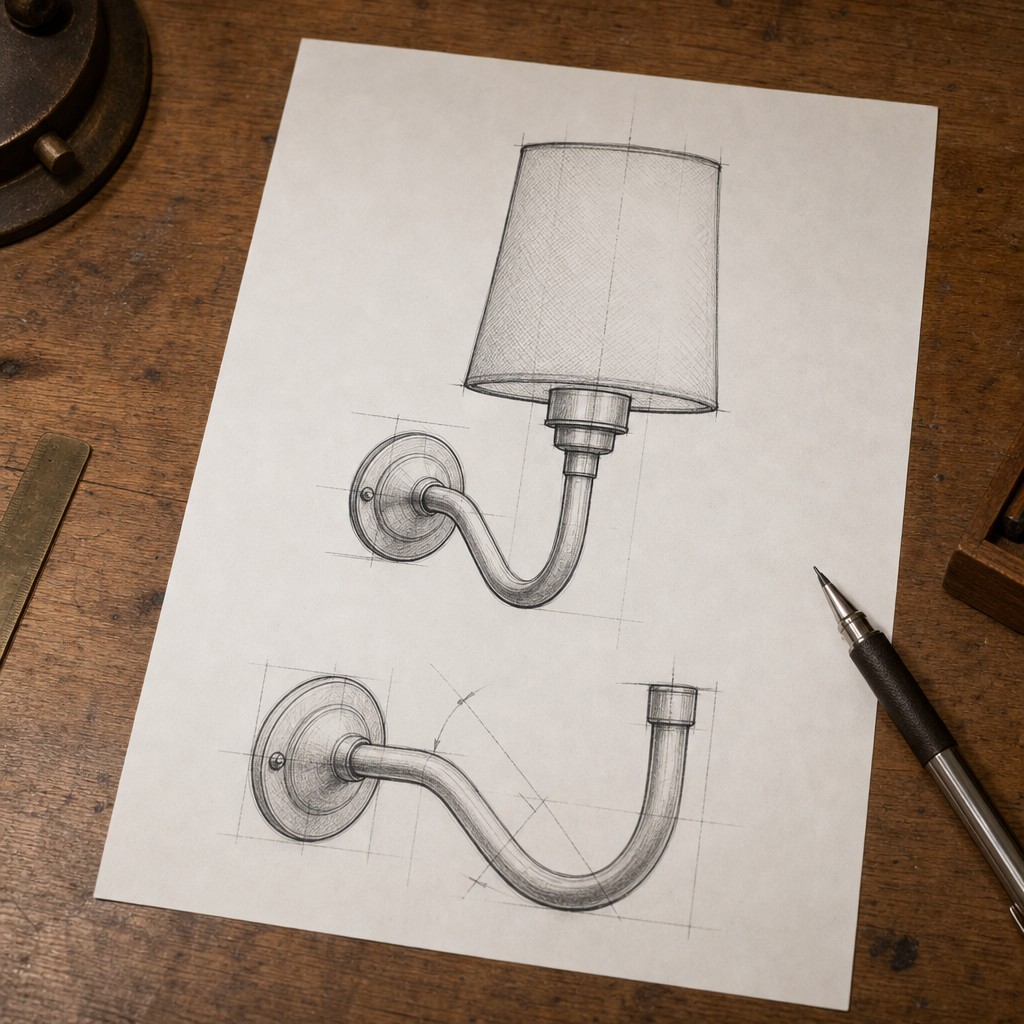Sketch of the curved wall lamp arm and shade