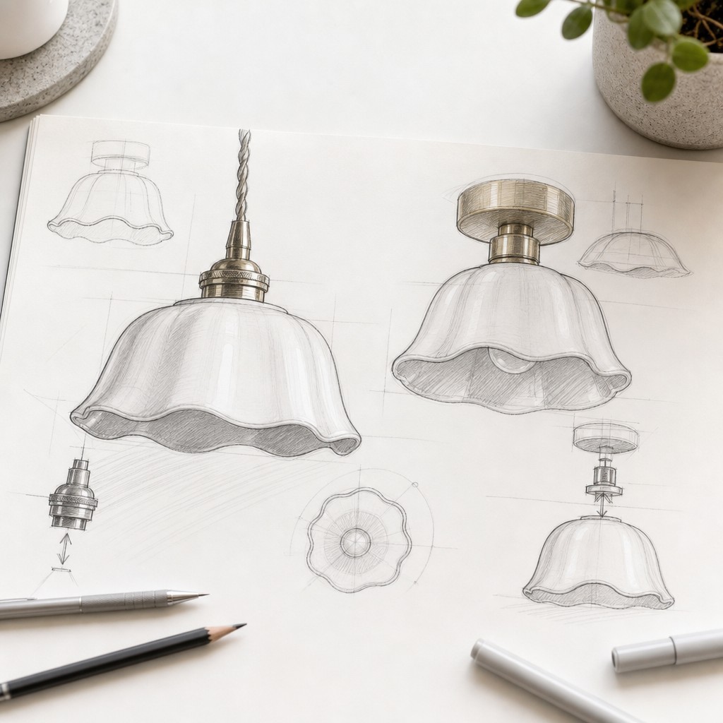 Design sketches of the Cienax brass stem and ceramic flower shade