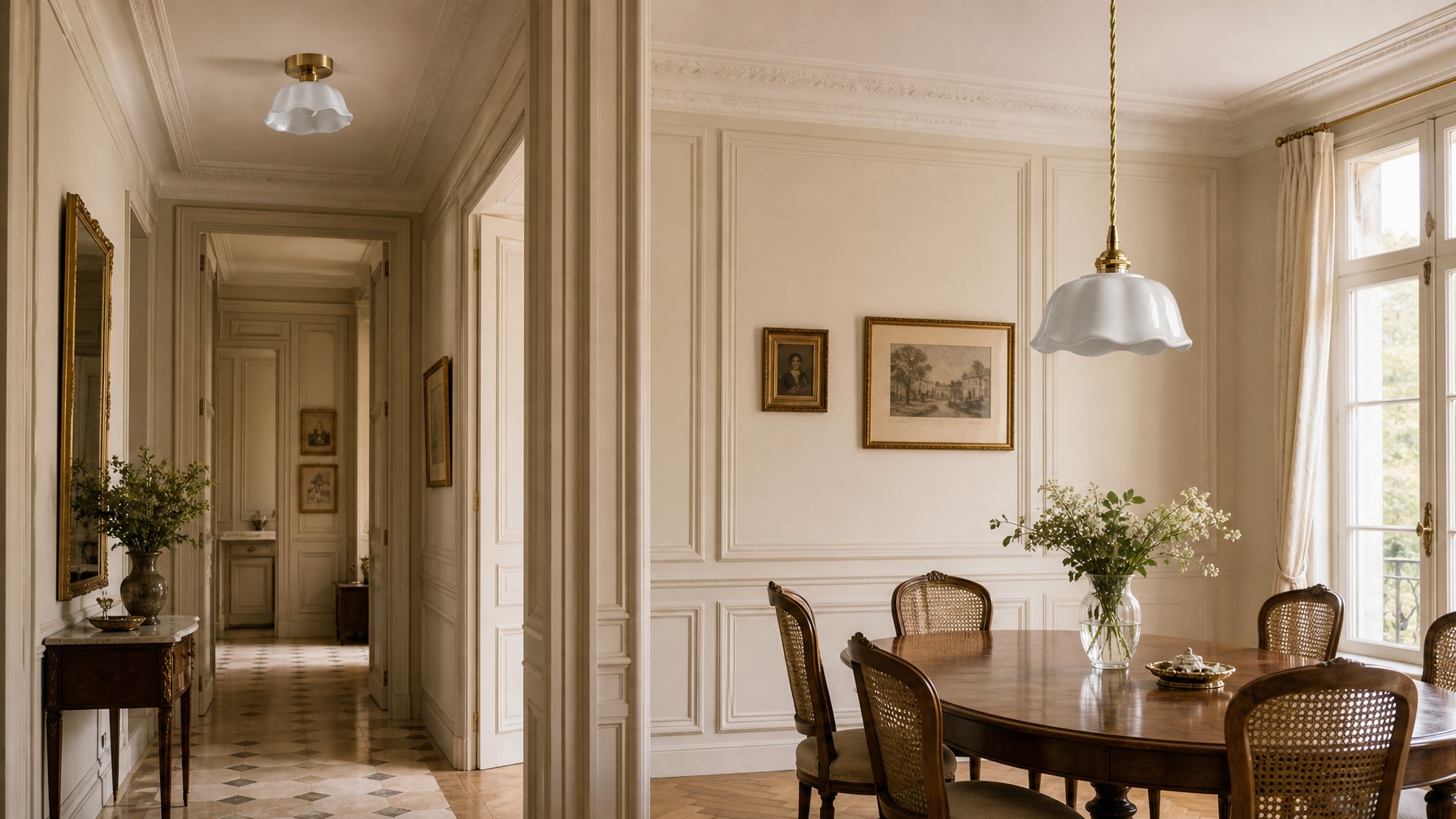 Cienax ceramic ceiling and pendant light in a vintage home interior