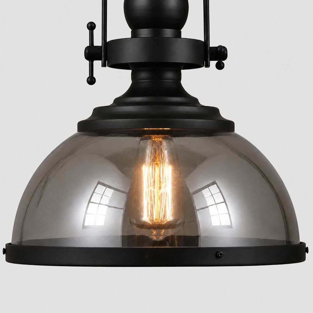 Top cap and metal rim detail of the smoky glass pendant lamp