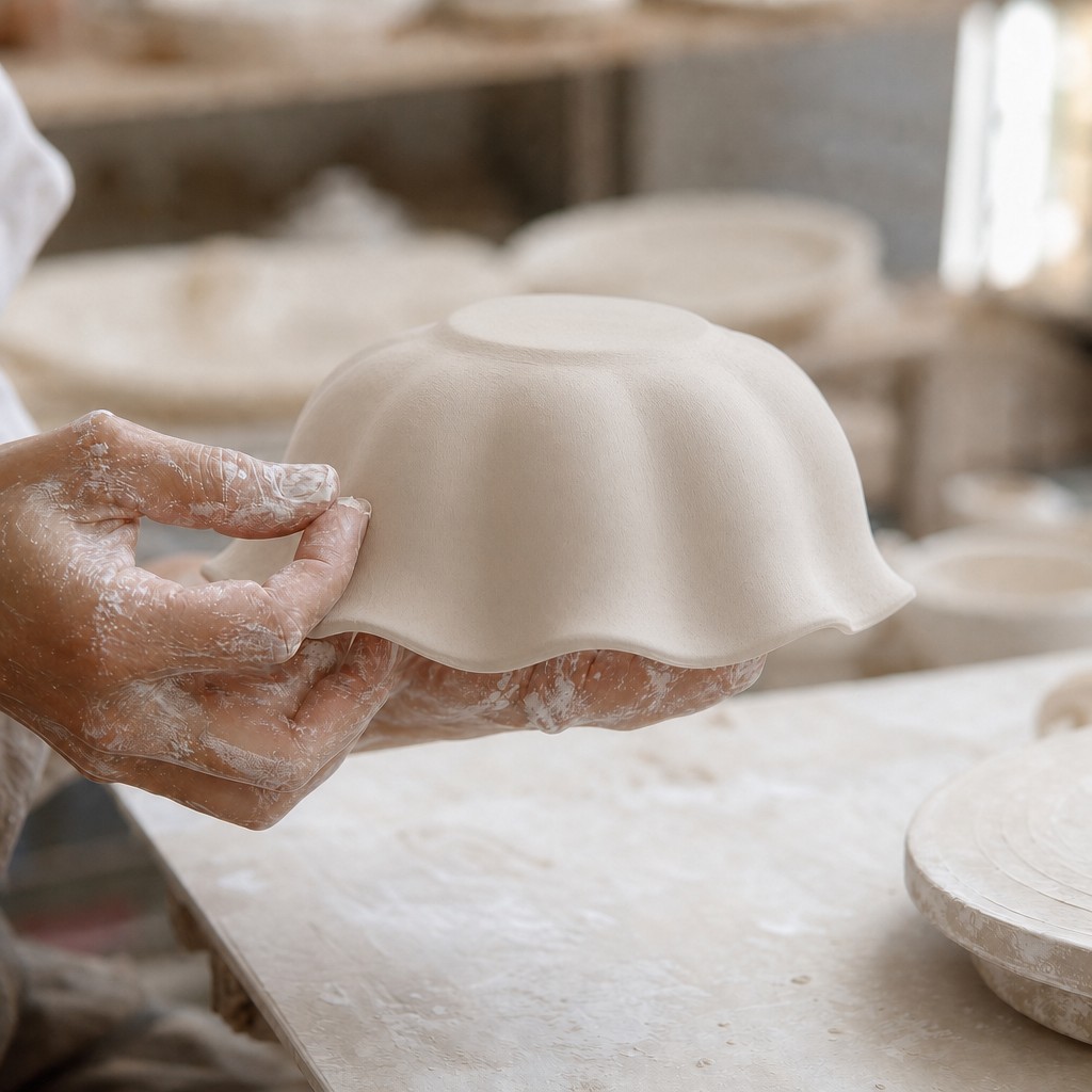 Handcrafted ceramic flower shade being shaped