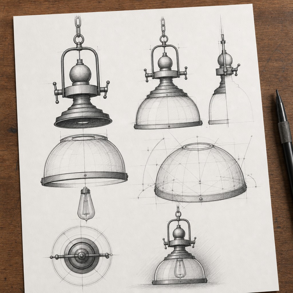 Design sketch for the Ivoran industrial half moon glass shade