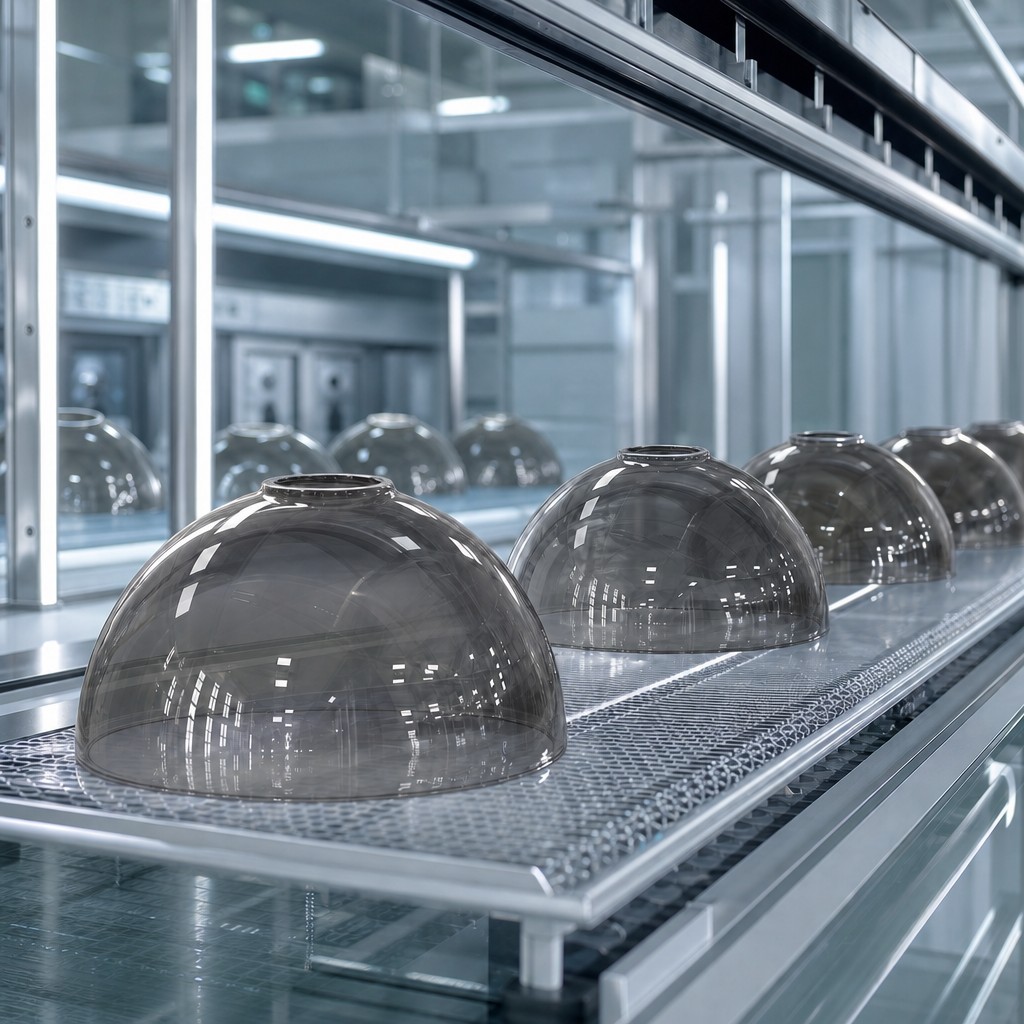 Grey coated smoky glass globes during production