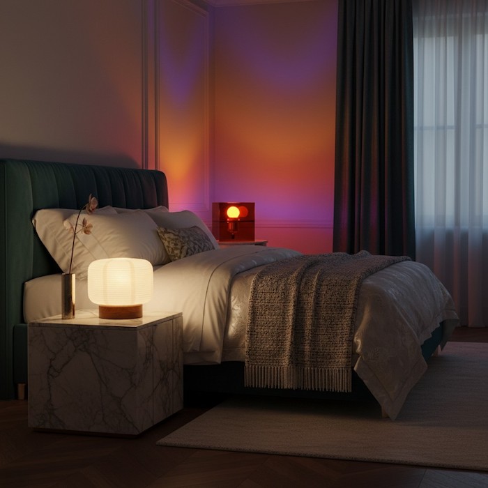 A sophisticated bedroom corner featuring a layered lighting setup with a sunset ambient lamp and a compact wood base paper lamp.