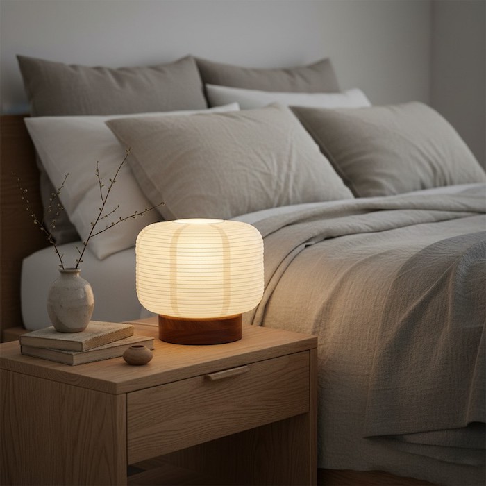 A serene Nordic style bedroom showcasing a Tivo ribbed paper lamp with a natural wood base casting a soft warm glow.