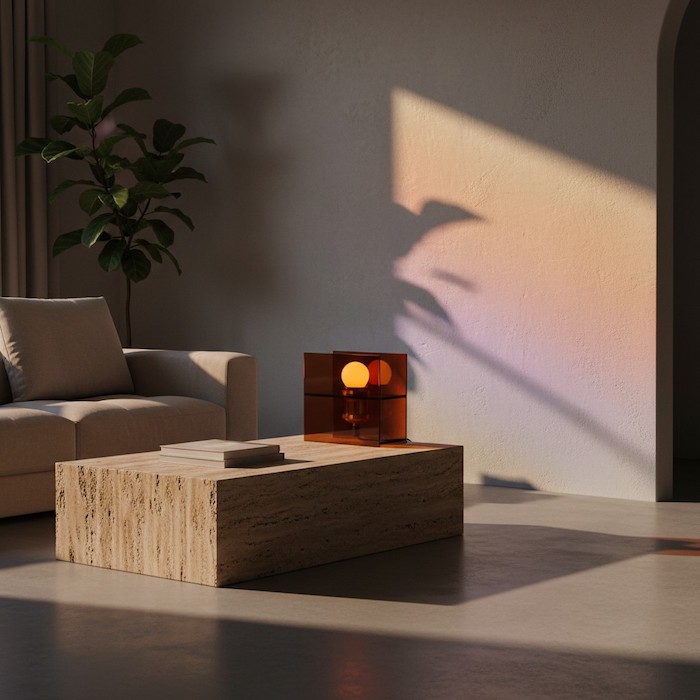A cinematic sunset gradient ambient desk lamp casting a warm golden hour glow on the walls of a minimalist modern living room.