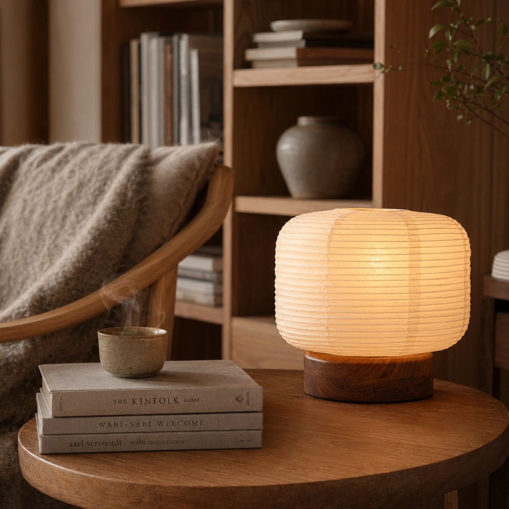 A cozy Japanese-inspired reading nook featuring a compact ribbed paper lamp on a natural wood side table next to a comfortable linen armchair.