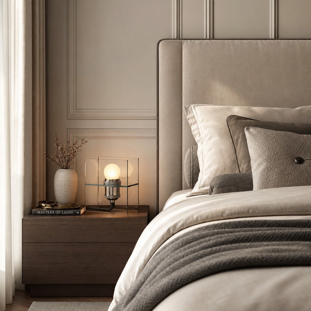 A minimalist bedroom sanctuary demonstrating lighting layers with soft shadows and a cozy, restorative atmosphere.