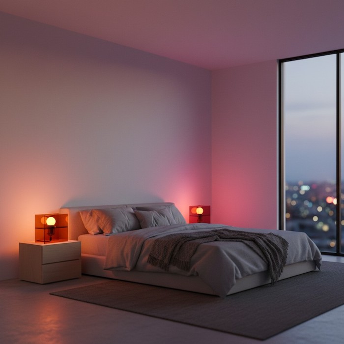 A serene modern bedroom where a sunset ambient lamp projects a warm, circular orange glow onto a minimalist white wall, creating a sense of infinite spatial depth.
