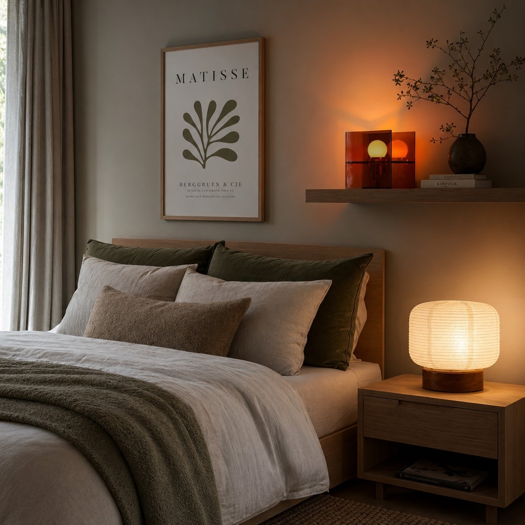 A sophisticated small bedroom layout demonstrating the balance between an artistic sunset wall projection and a focused wooden task lamp for a multi-functional space.