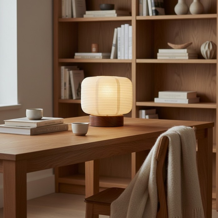 Zen-inspired Tivo ribbed paper table lamp with a natural wood base providing soft diffused light in a Nordic style study nook.