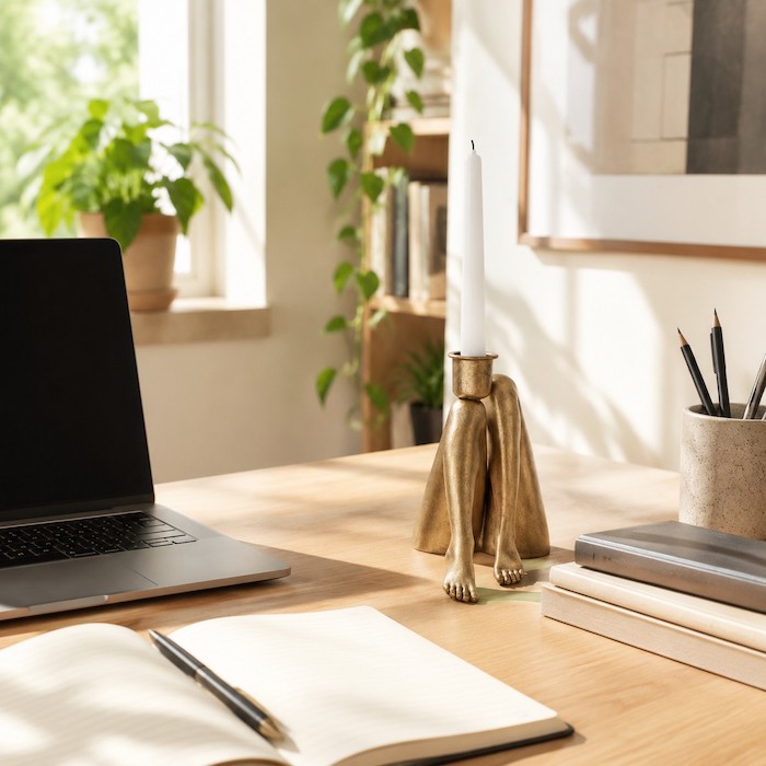 Ein kreativer Homeoffice-Schreibtisch, der mit einem charmanten skulpturalen Accessoire verziert ist