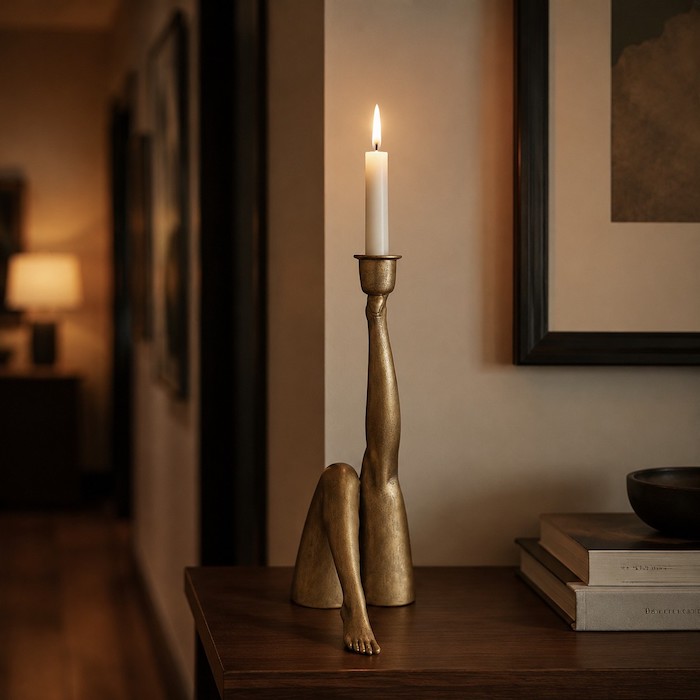 A hallway console table glowing with emotional lighting from a whimsical sculptural candle holder