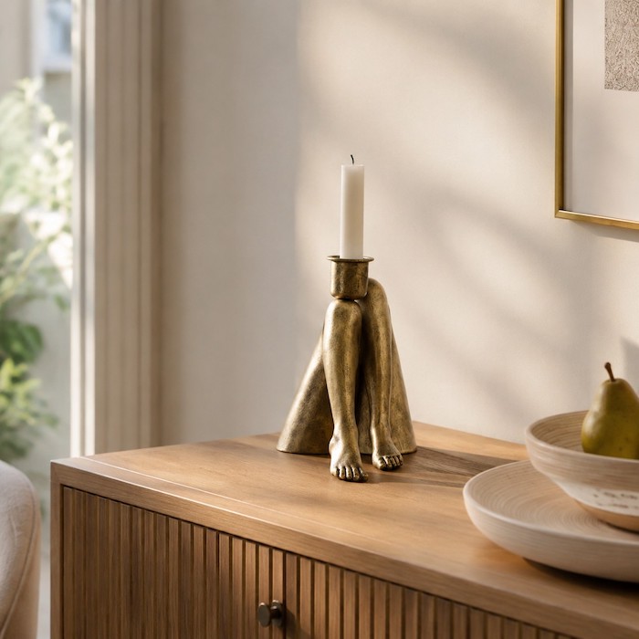Der dekorative Kerzenhalter mit den skurrilen Beinen, der auf einem Sideboard im Esszimmer platziert wurde.